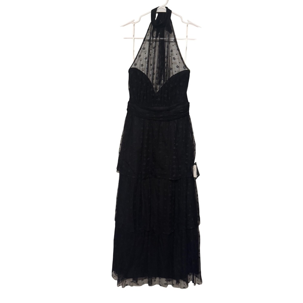 Lulus Black Floral Mesh Halter Midi Dress Tiered Party Cocktail NWT - Picture 8 of 8